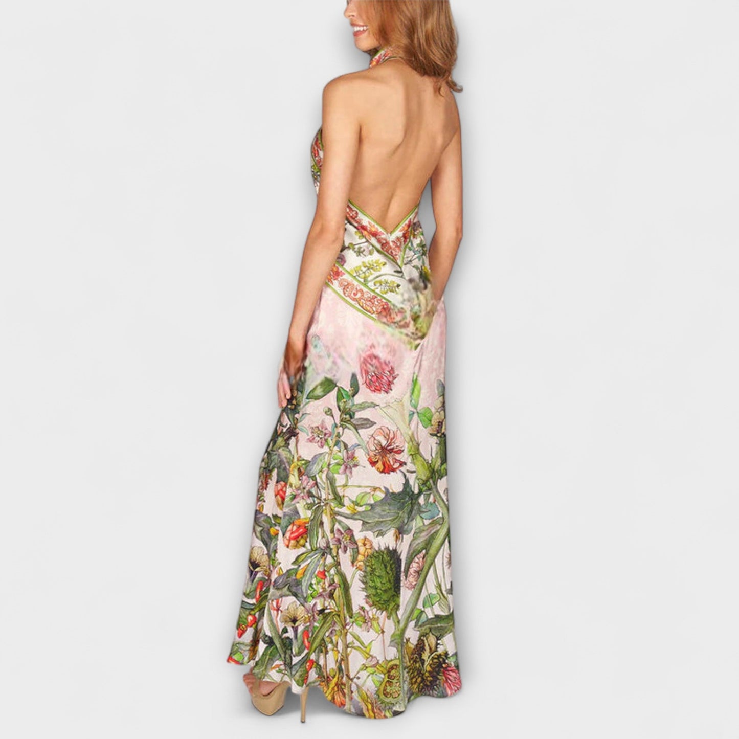 Ayla - Ärmelloses Maxikleid mit floralem Muster und offener Rückseite