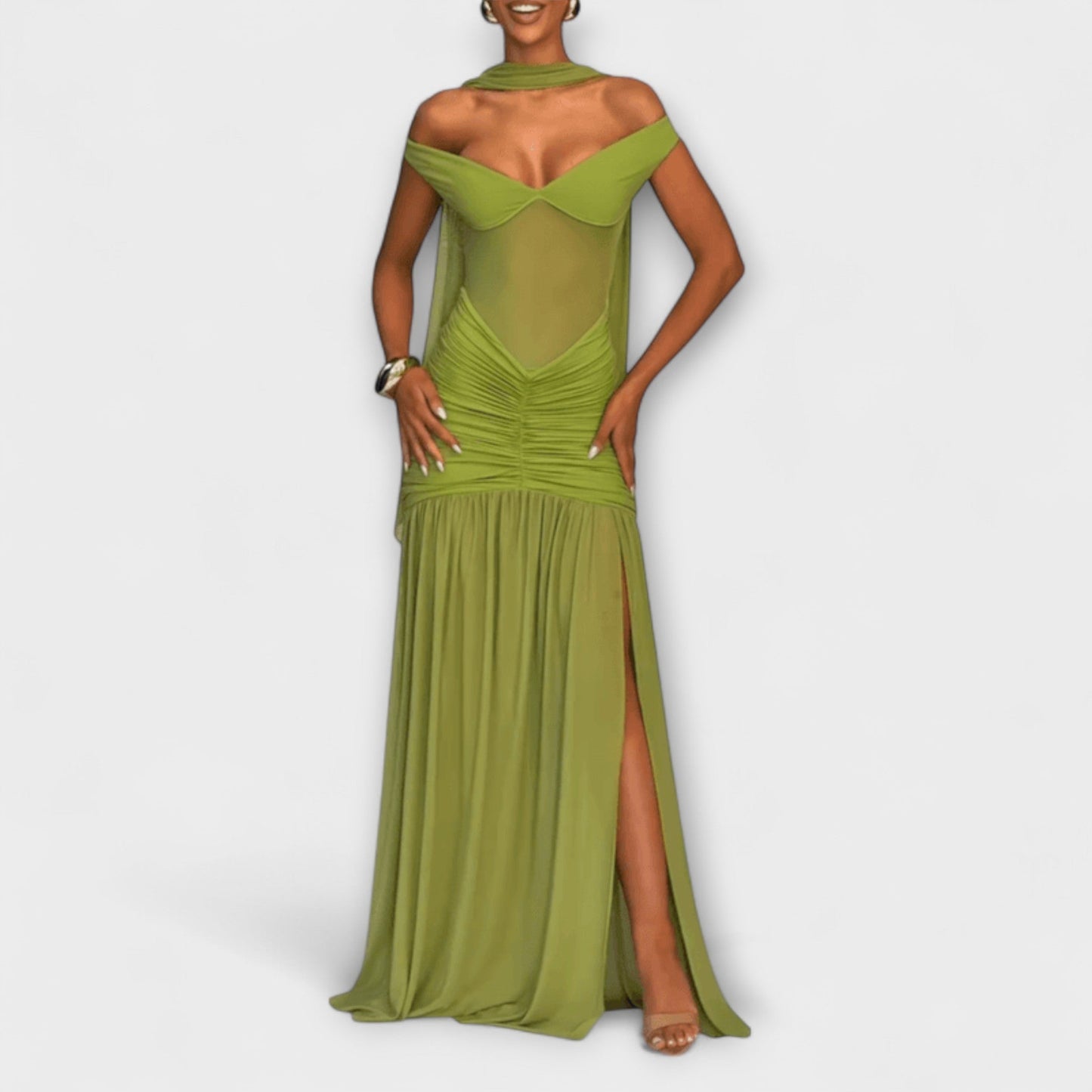 Nicole - Olivgrünes V-Ausschnitt Maxikleid