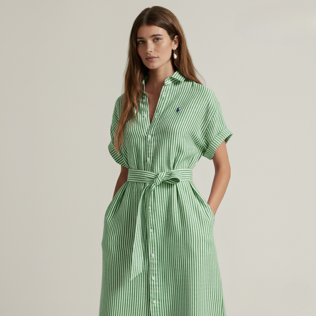 Gestreiftes Leinenhemdkleid mit kurzen Ärmeln