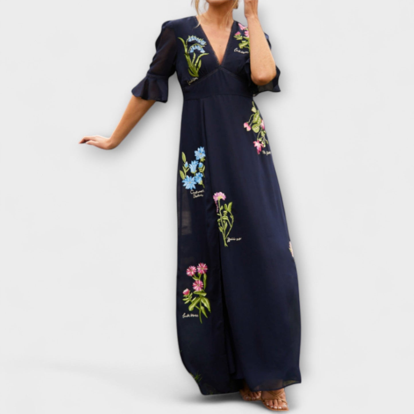 Beatrice - Elegantes Navy Blaues Kleid mit Floralstickerei