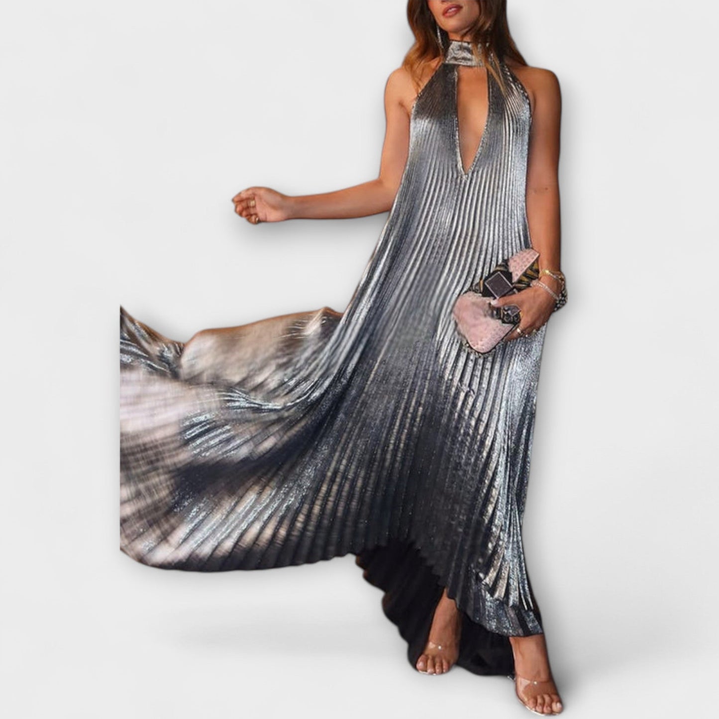 Calliope - Metallisches Plissee A-Linien Maxikleid