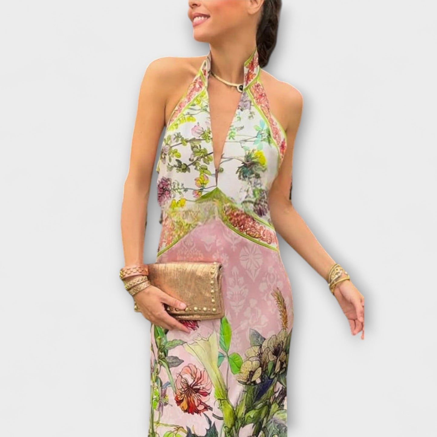Ayla - Ärmelloses Maxikleid mit floralem Muster und offener Rückseite