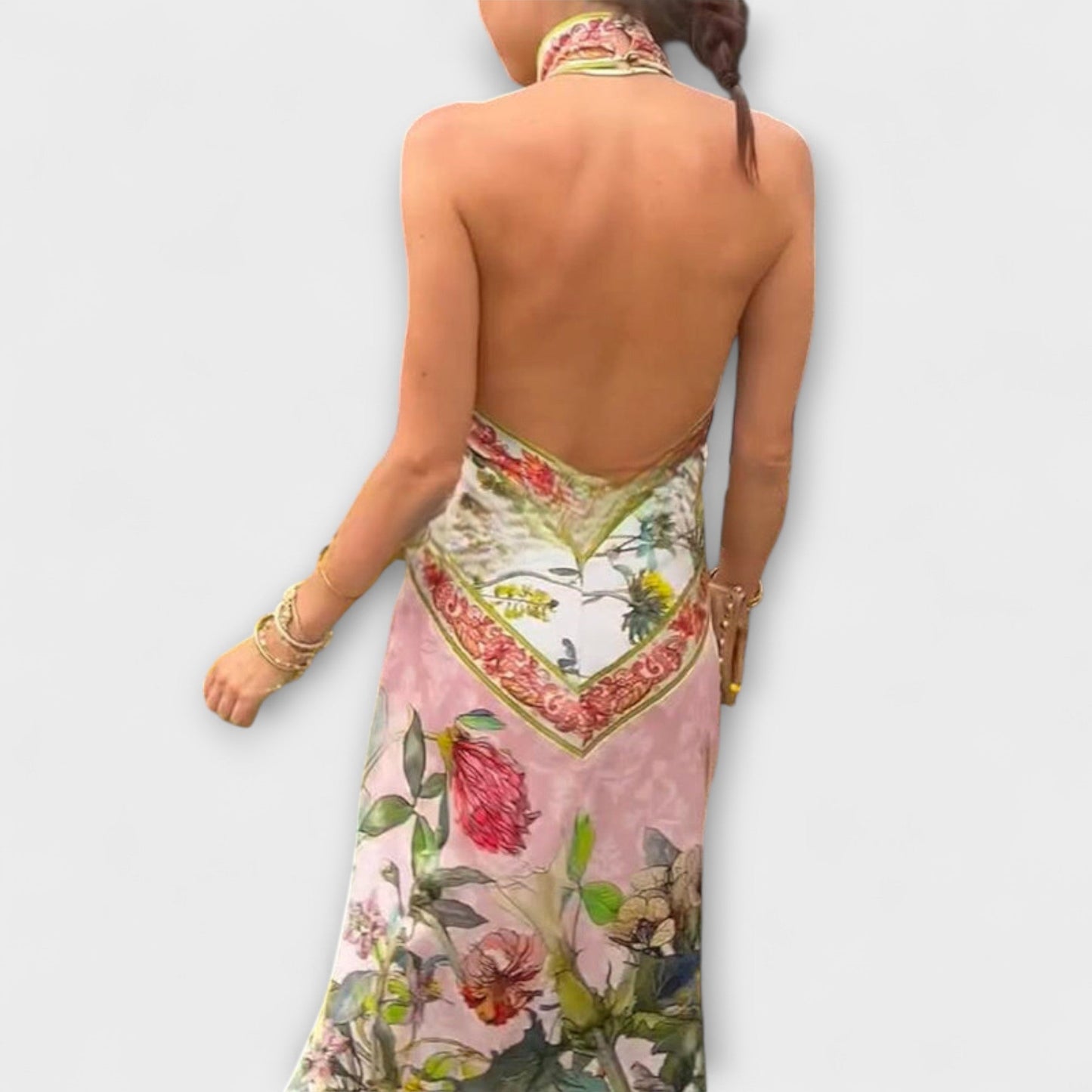 Ayla - Ärmelloses Maxikleid mit floralem Muster und offener Rückseite