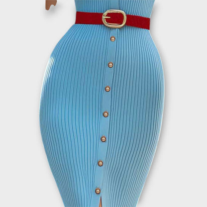 Sina - Schickes Babyblau Rippstrick Bleistiftkleid