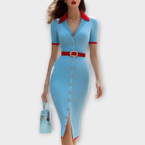 Sina - Schickes Babyblau Rippstrick Bleistiftkleid