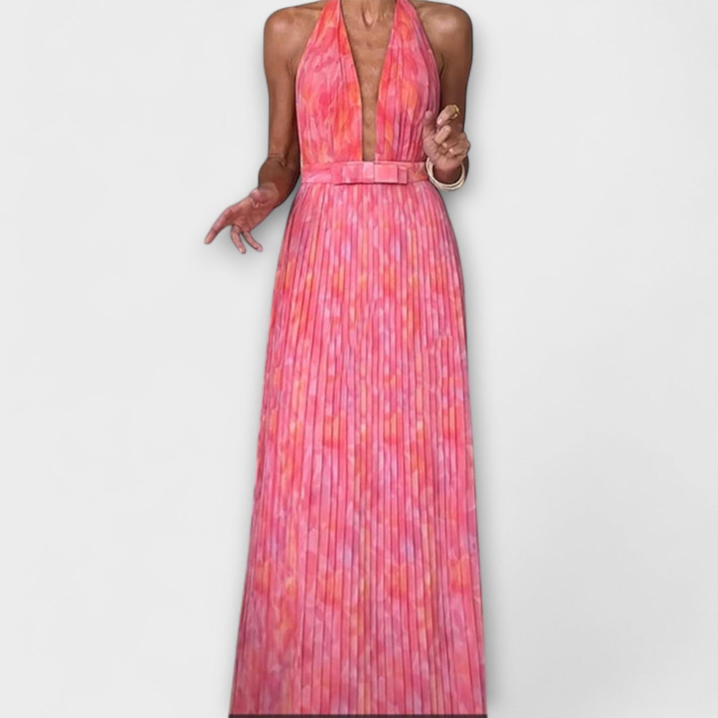 Seraphina - Schickes Halter Neck V-Ausschnitt Falten Maxi Kleid
