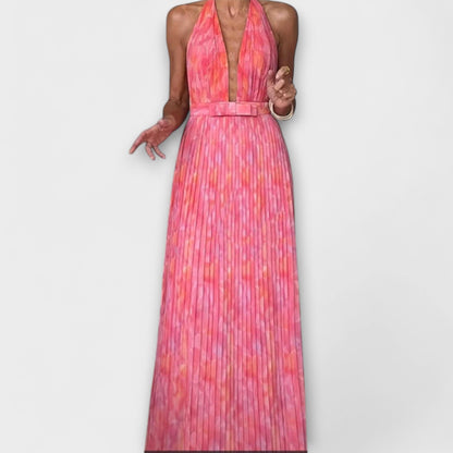Seraphina - Schickes Halter Neck V-Ausschnitt Falten Maxi Kleid