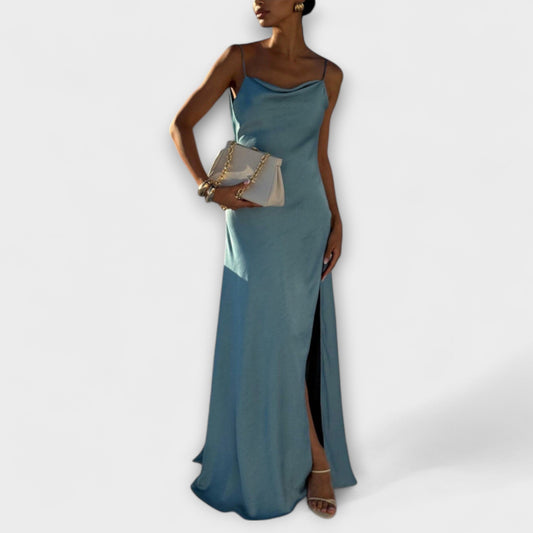 Hallie - Schickes Satin-Maxikleid mit Hohem Schlitz
