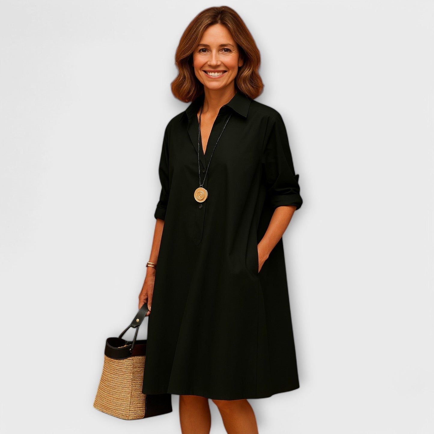 Modernes Hemdkleid mit Kragen und Dreiviertelärmeln