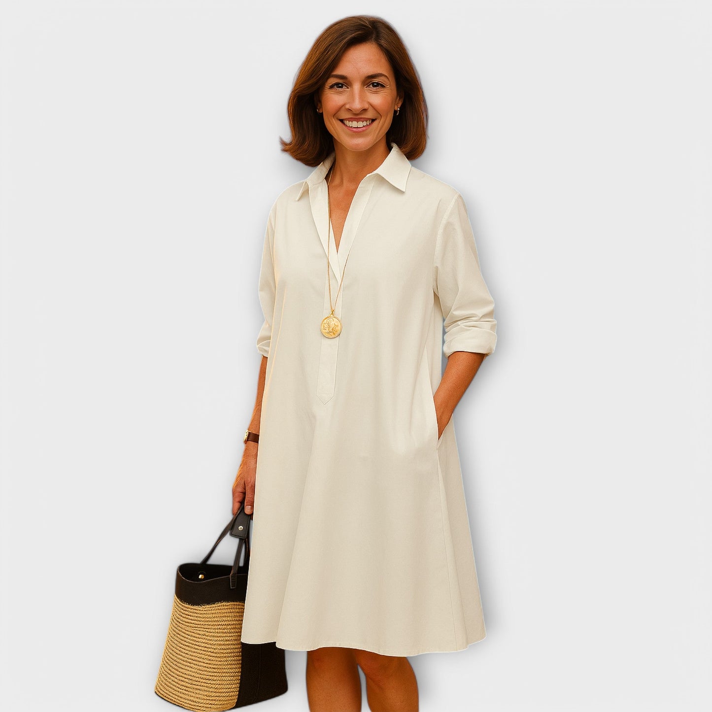 Modernes Hemdkleid mit Kragen und Dreiviertelärmeln