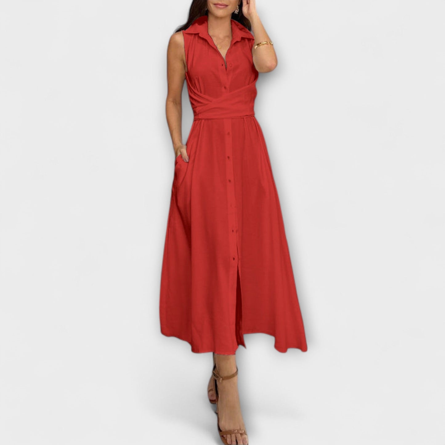 Mira - Auffälliges, einreihiges Midikleid mit Bindegürtel