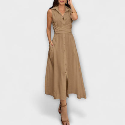 Mira - Auffälliges, einreihiges Midikleid mit Bindegürtel