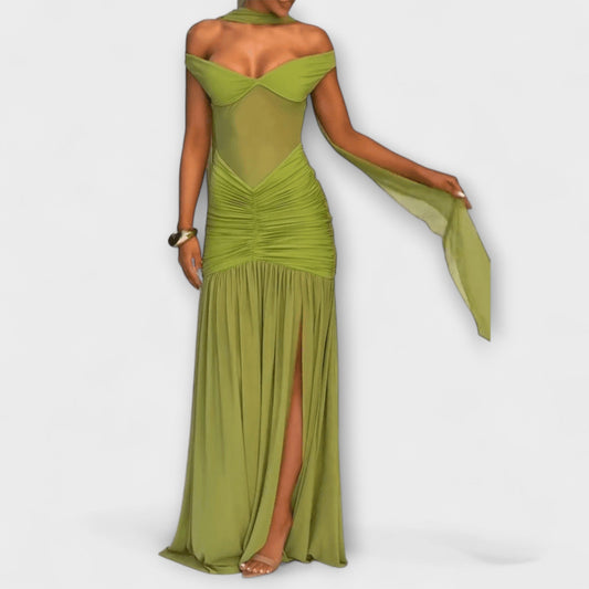 Nicole - Olivgrünes V-Ausschnitt Maxikleid