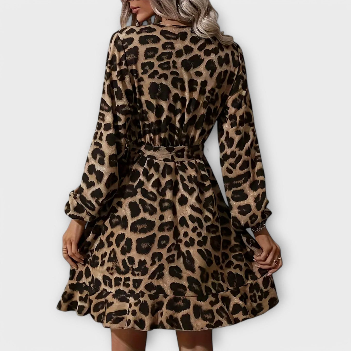 Stylisches Kleid mit Leopardenmuster, V-Ausschnitt und Bindegürtel