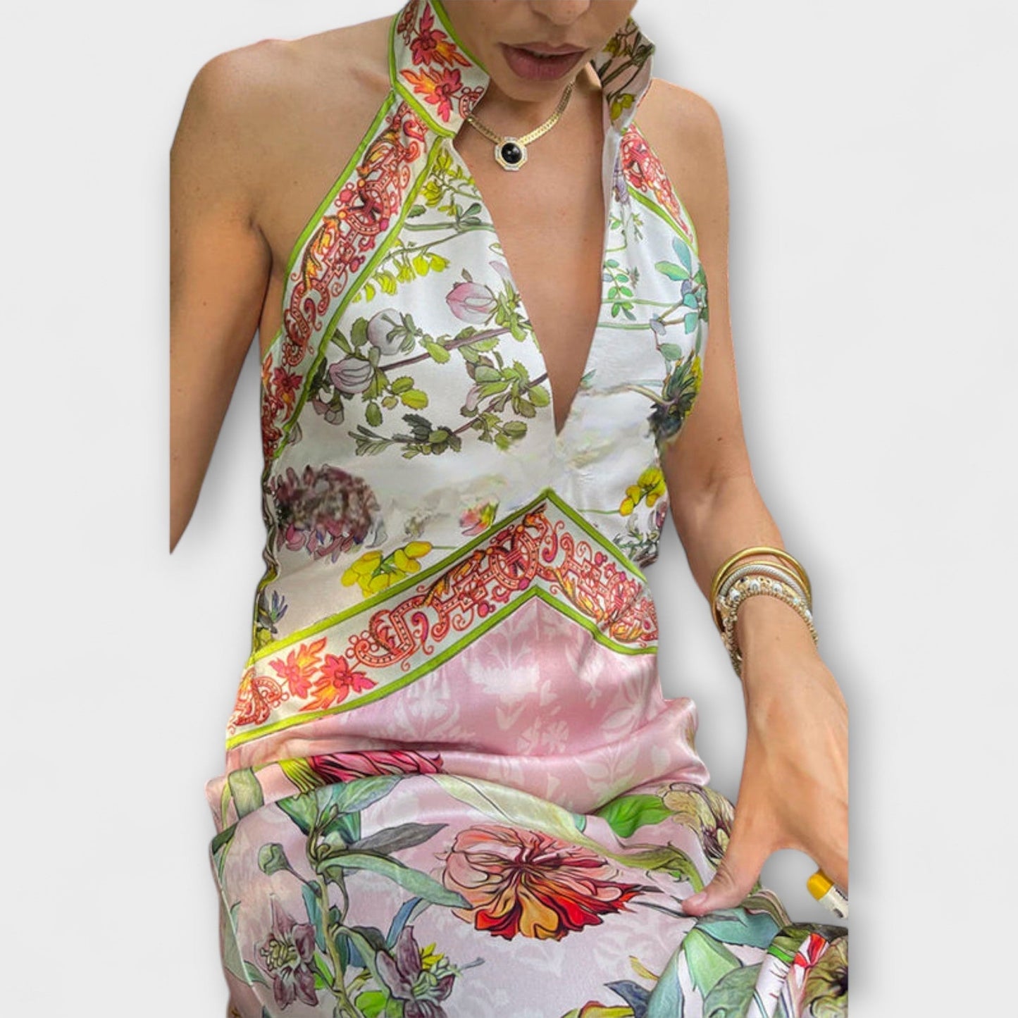 Ayla - Ärmelloses Maxikleid mit floralem Muster und offener Rückseite