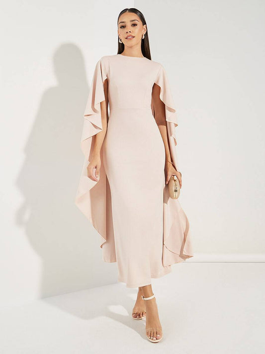 Rachel - Helles Rosa Midi-Kleid mit V-Ausschnitt und Chiffonärmeln