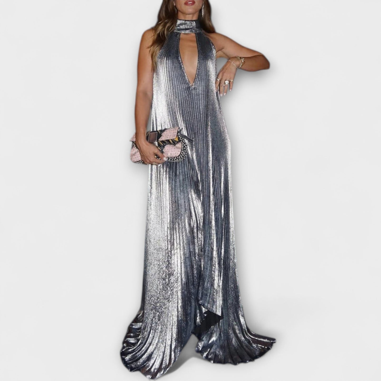 Calliope - Metallisches Plissee A-Linien Maxikleid