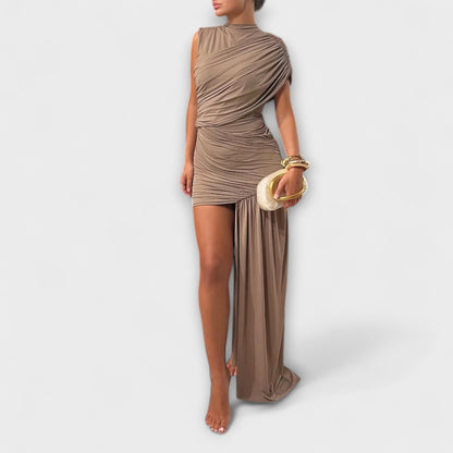 Lila - Stilvolles, figurbetontes Kleid mit rundem Ausschnitt und Falten