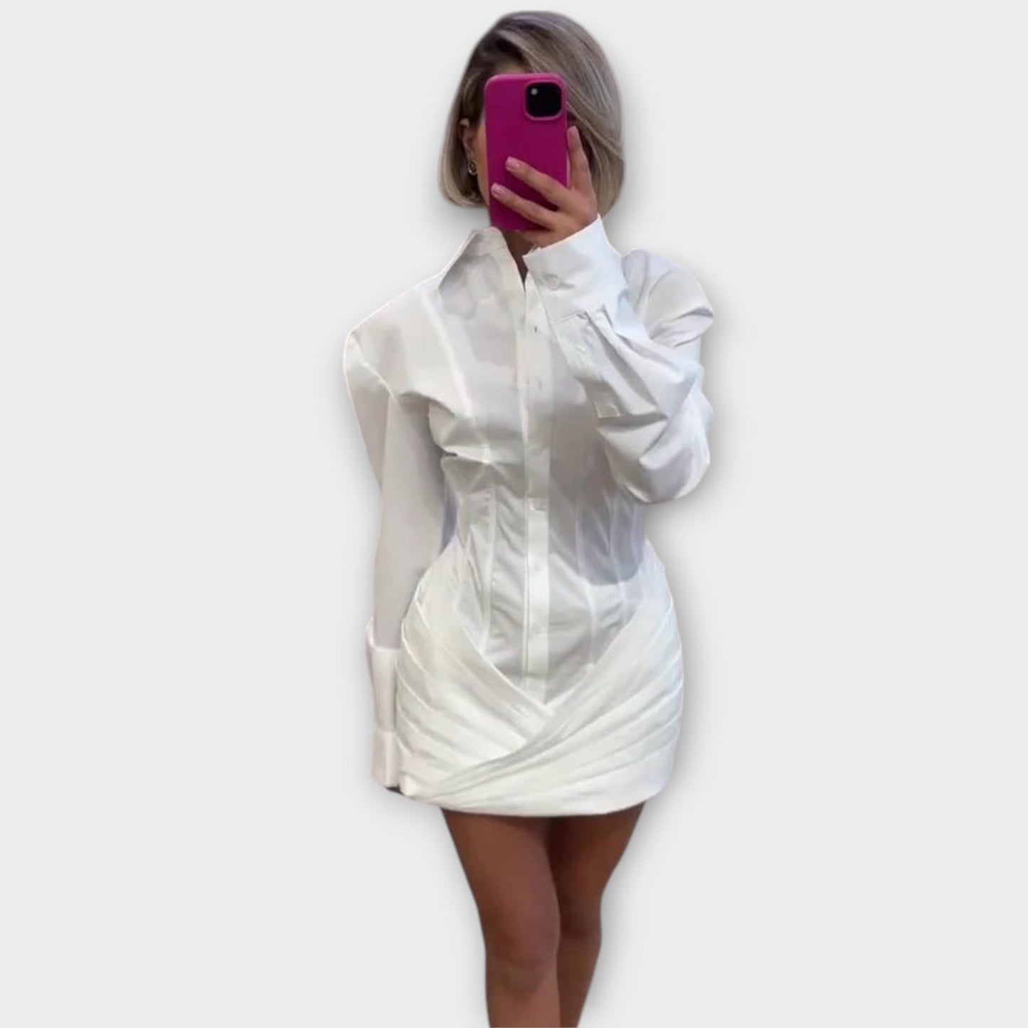 Indie - Weißes, langärmliges, plissiertes Hemdkleid