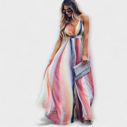 Mehrfarbig gestreiftes Damenkleid mit V-Ausschnitt