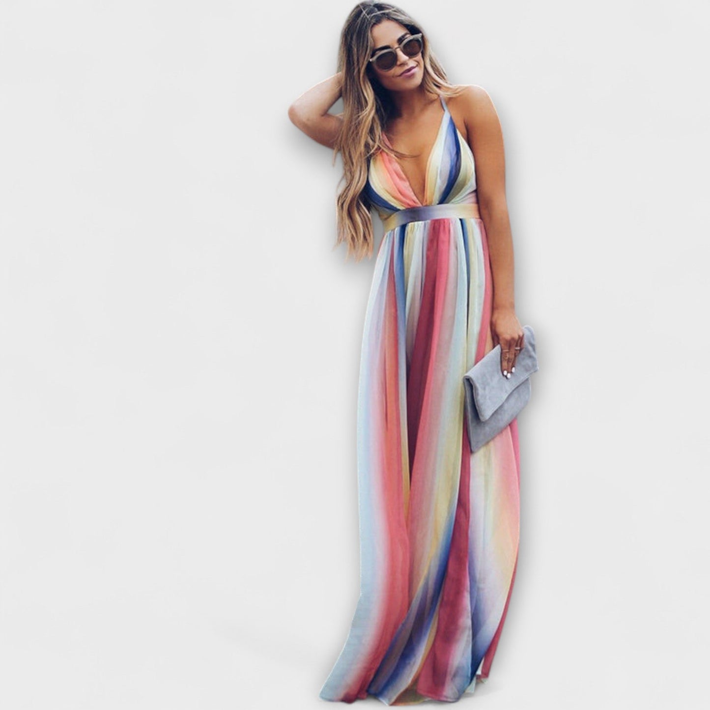 Mehrfarbig gestreiftes Damenkleid mit V-Ausschnitt