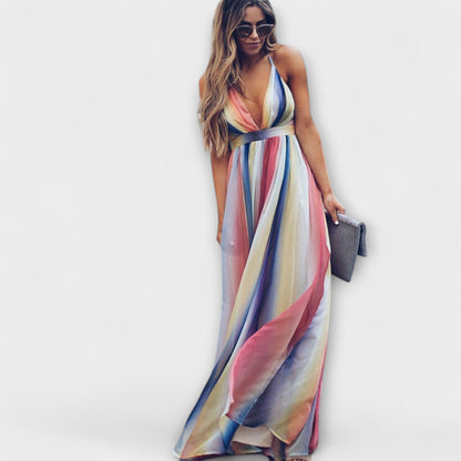 Mehrfarbig gestreiftes Damenkleid mit V-Ausschnitt