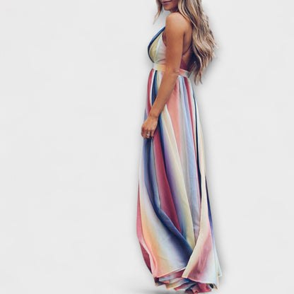 Mehrfarbig gestreiftes Damenkleid mit V-Ausschnitt