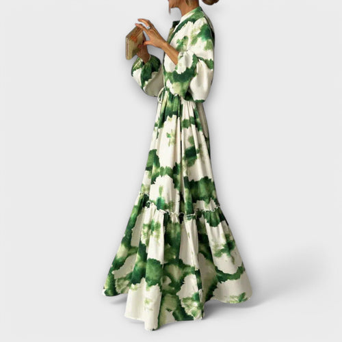 Melina - Grünes Maxikleid mit langen Ärmeln und V-Ausschnitt