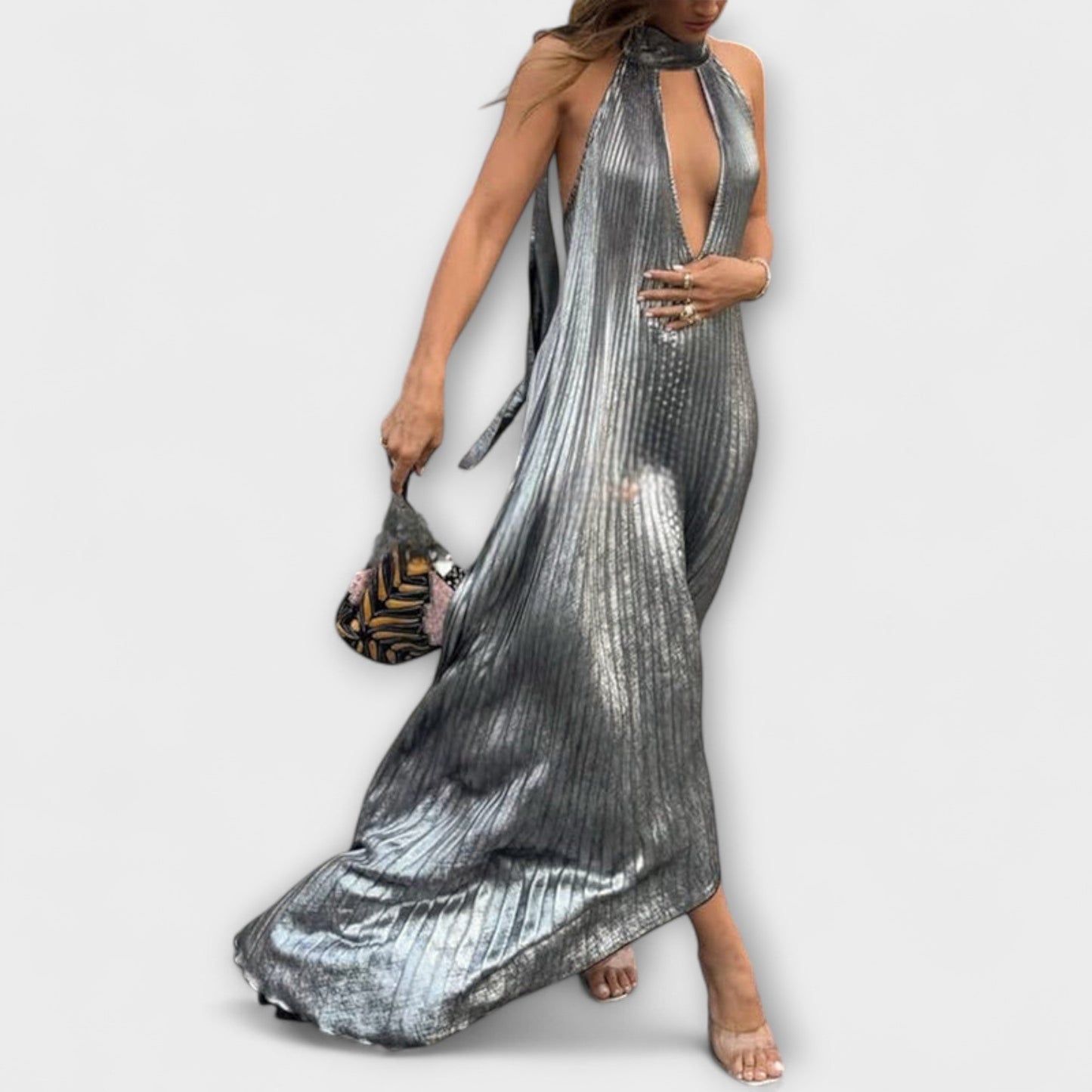 Calliope - Metallisches Plissee A-Linien Maxikleid