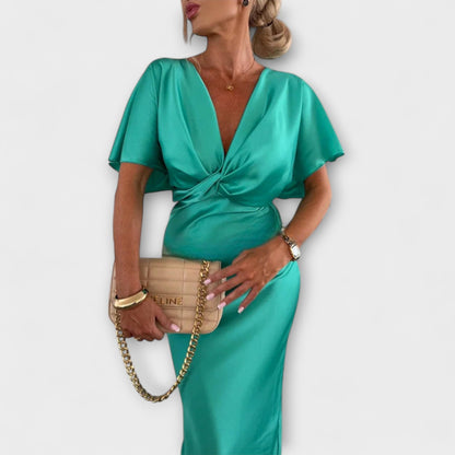 Sable - Elegantes Satin V-Ausschnitt Kreuzknoten Slim Fit Maxikleid