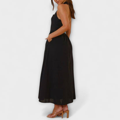 Lydia - Schwarzes Midikleid mit Halsband und Taillendetail