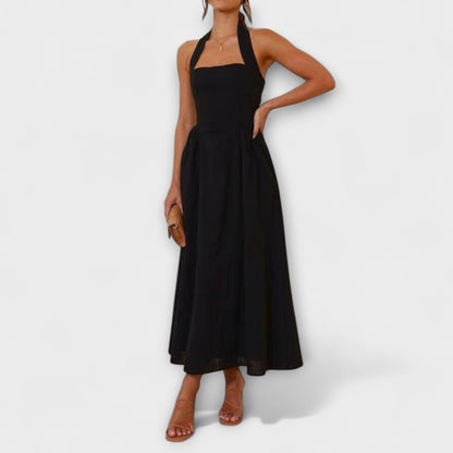 Lydia - Schwarzes Midikleid mit Halsband und Taillendetail